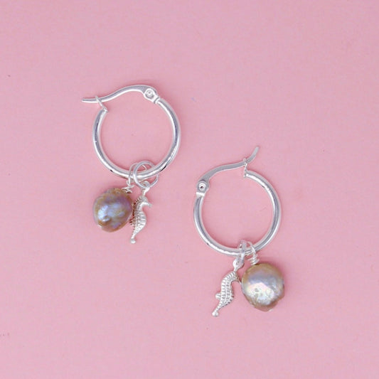 Seahorse and Silver Peacock Pearl Asha Hoop Earrings