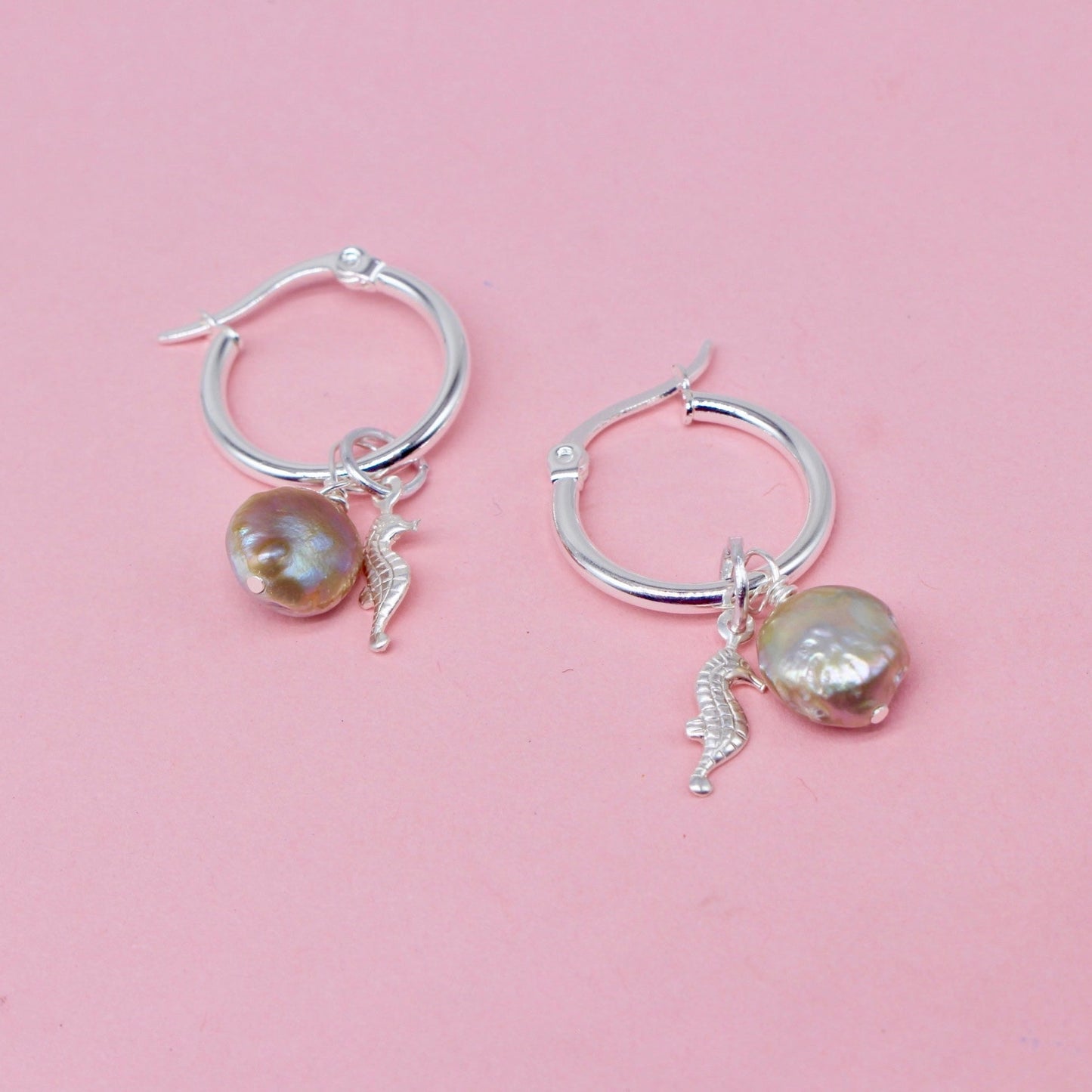 Seahorse and Silver Peacock Pearl Asha Hoop Earrings