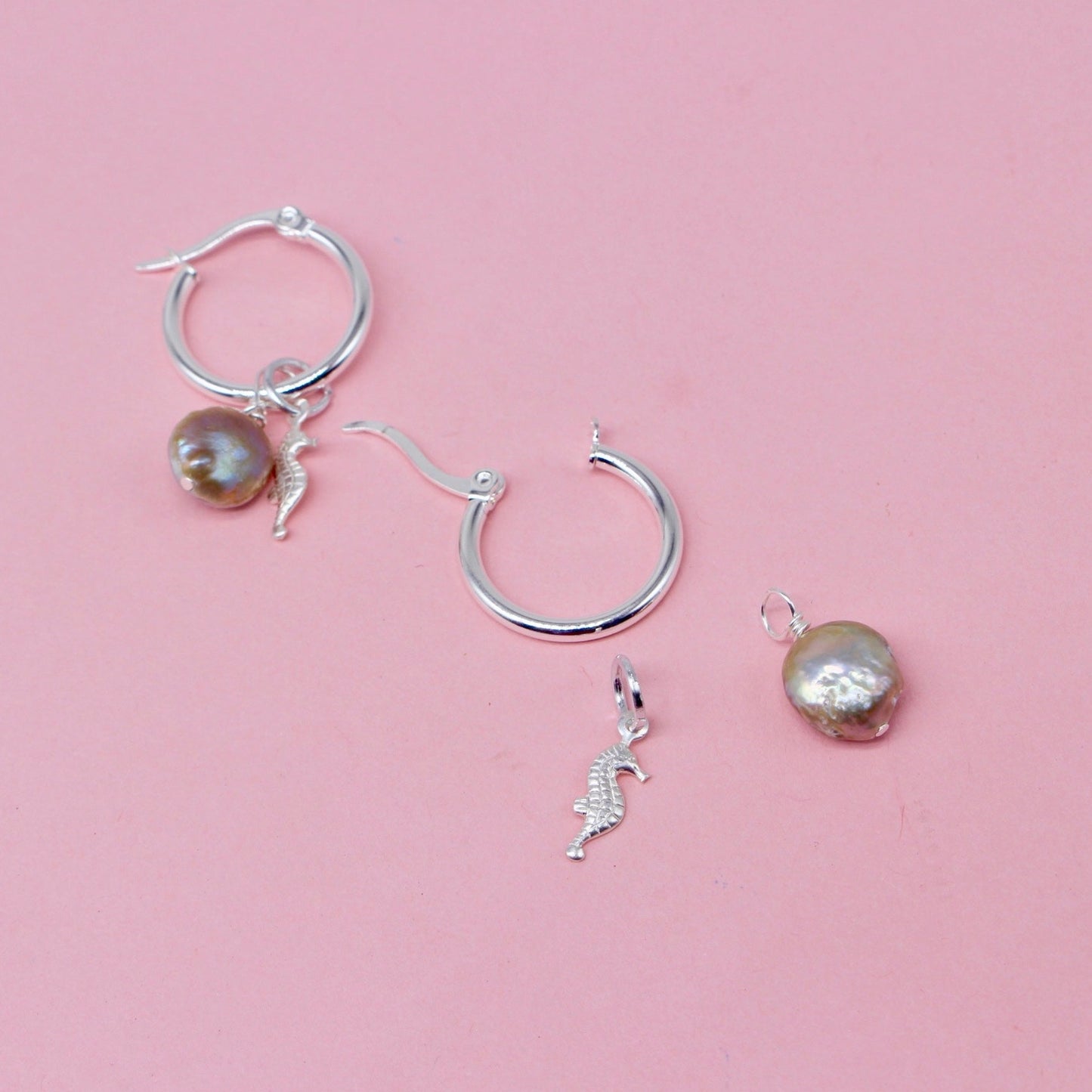 Seahorse and Silver Peacock Pearl Asha Hoop Earrings