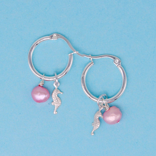 Pink Pearl and Seahorse Asha Hoop Earrings